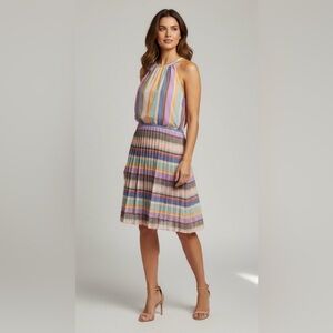 NEW Joe Fresh Women's Multicolor Striped Halter‎ Pleated Midi Dress Size 10